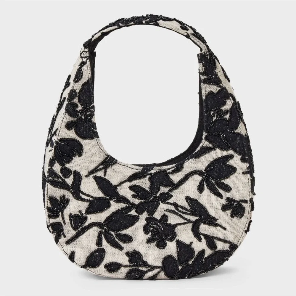 a new day Black Ivory Floral Toille Hobo Bag with Modern  Beaded Design::NWT::